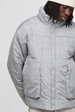 boohooMAN Veste doudoune en nylon lavé, à coupe boxy surdimensionnée, rembourrée, à col entonnoir<Homme Manteaux Et Vestes