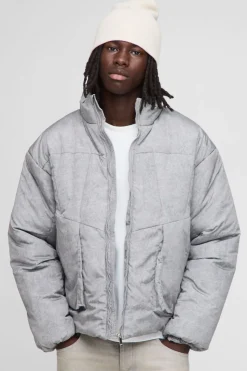 boohooMAN Veste doudoune en nylon lavé, à coupe boxy surdimensionnée, rembourrée, à col entonnoir<Homme Manteaux Et Vestes