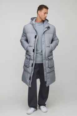boohooMAN Veste doudoune longue pour grands à 4 poches, à capuche, en noir<Homme Tout Afficher|Vestes & Manteaux Tall