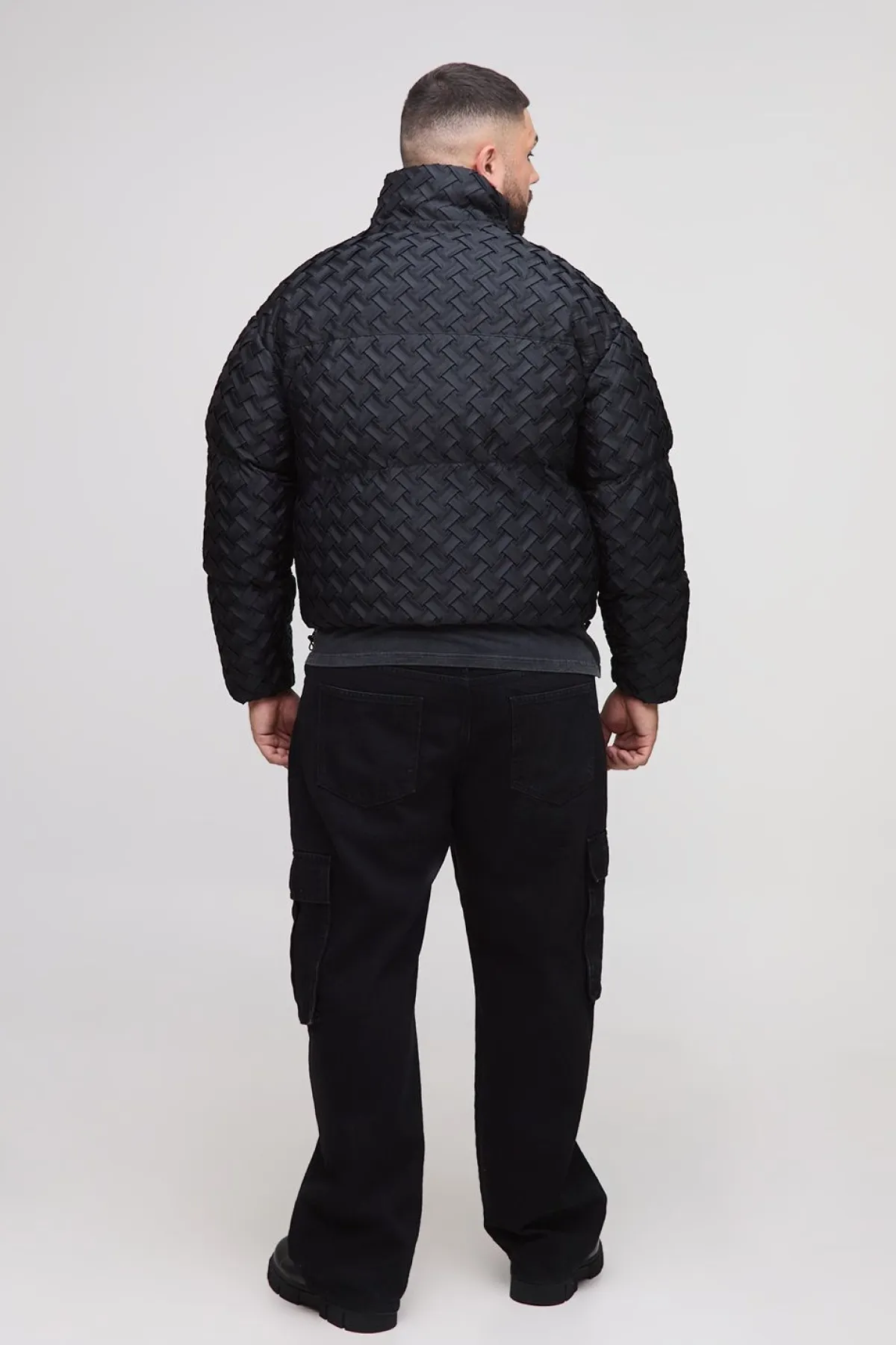 boohooMAN Veste doudoune oversize à col enton en tissu tissé texturé Plus<Homme Vestes & Manteaux Grande Taille|Tout Afficher