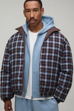 Veste Doudoune Réversible À Carreaux Et Nylon Coupe Ample Col Montant