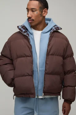 Veste Doudoune Réversible À Carreaux Et Nylon Coupe Ample Col Montant