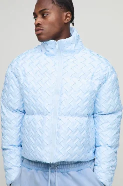 Veste doudoune tissée texturée, col entonnoir, coupe boxy