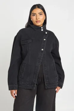 Veste En Denim Asymétrique À Col Montant Grande Taille