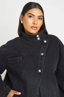 Veste En Denim Asymétrique À Col Montant Grande Taille