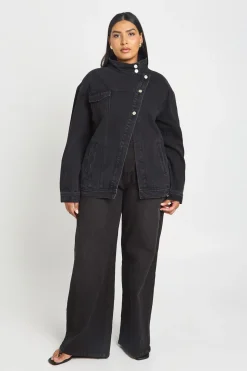Veste En Denim Asymétrique À Col Montant Grande Taille