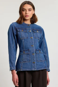 Veste En Denim À Boutonnage Intégral Avec Manches Arrondies
