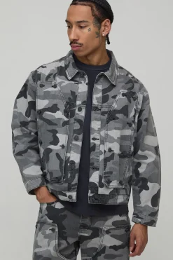 Veste en denim camouflage à coupe régulière avec panneau de charpentier amovible