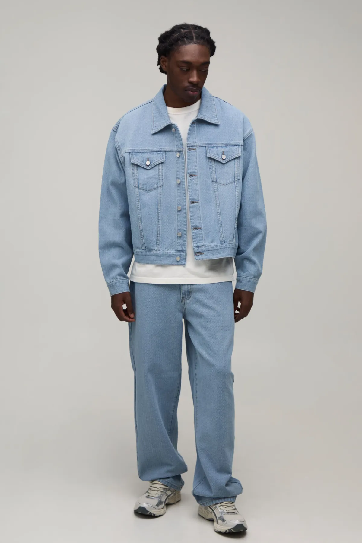 boohooMAN Veste En Denim À Chevrons Coupe Boxy Coordonnée<Homme Ensembles|Denim