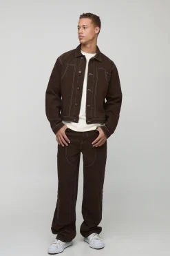 boohooMAN Veste en denim de travail à coutures contrastées<Homme Denim|Tout Afficher