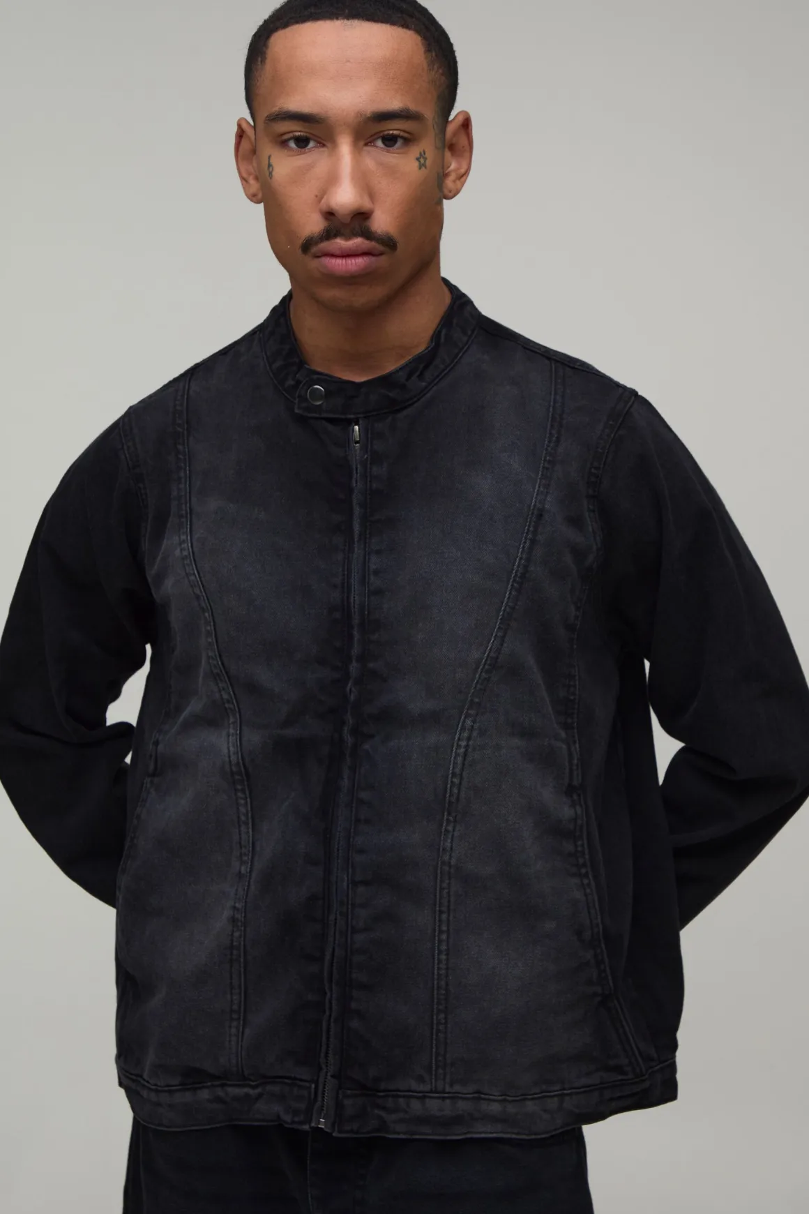 Veste En Denim Moto Ample Délavée Ensemble Coordonné