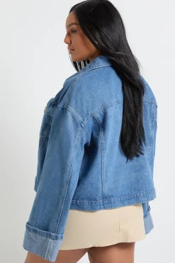 Veste en denim Plus à manches retroussées profondes