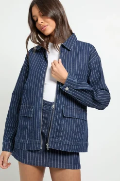 boohoo Veste en denim rayé à col<Femme Manteaux Et Vestes D’Automne|Denim