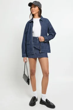 boohoo Veste en denim rayé à col<Femme Manteaux Et Vestes D’Automne|Denim