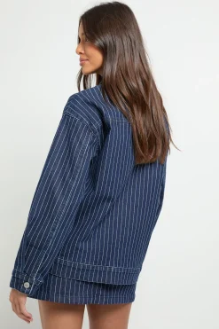 boohoo Veste en denim rayé à col<Femme Manteaux Et Vestes D’Automne|Denim