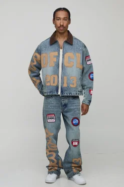boohooMAN Veste en denim surdimensionnée à la coupe carrée avec appliqué d'éclaboussures de peinture<Homme Ensembles|Denim