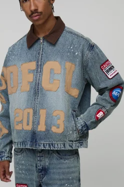 boohooMAN Veste en denim surdimensionnée à la coupe carrée avec appliqué d'éclaboussures de peinture<Homme Ensembles|Denim