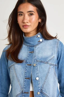 boohoo Veste En Jean Ajustée Col Montant Avec Détails De Coutures<Femme Denim|Vestes & Manteaux