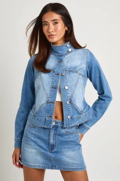 boohoo Veste En Jean Ajustée Col Montant Avec Détails De Coutures<Femme Denim|Vestes & Manteaux