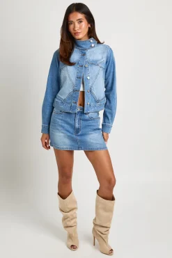 boohoo Veste En Jean Ajustée Col Montant Avec Détails De Coutures<Femme Denim|Vestes & Manteaux
