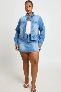 Veste En Jean Ajustée Grande Taille Col Montant Avec Détails De Coutures