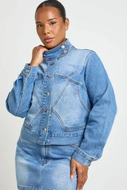 Veste En Jean Ajustée Grande Taille Col Montant Avec Détails De Coutures