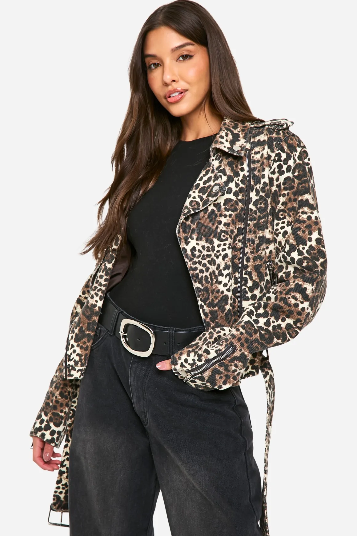 Veste en jean biker à motif léopard