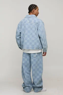 Veste en Jean à Broderie Jacquard Damier Coupe Régulière