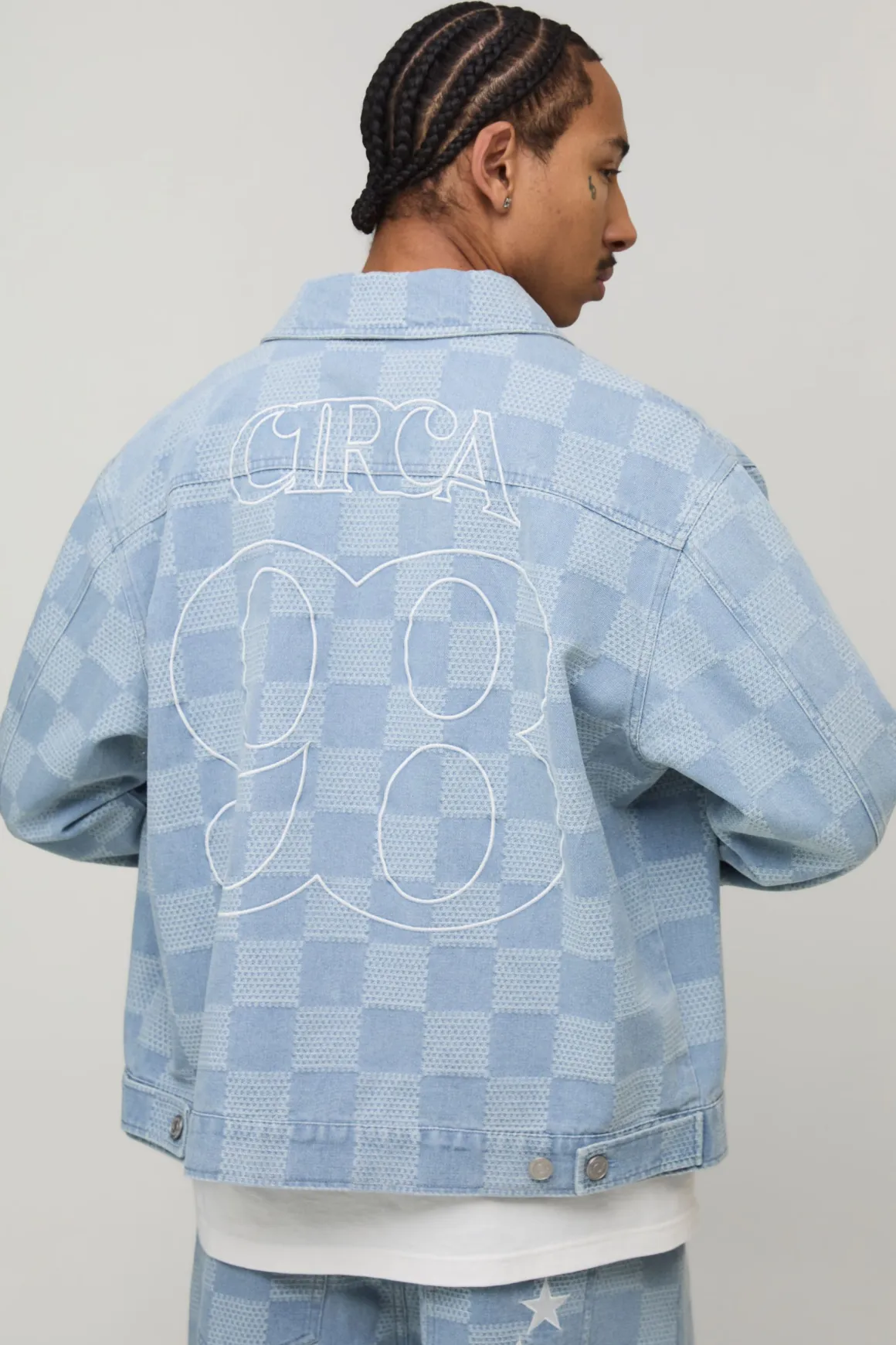 Veste en Jean à Broderie Jacquard Damier Coupe Régulière