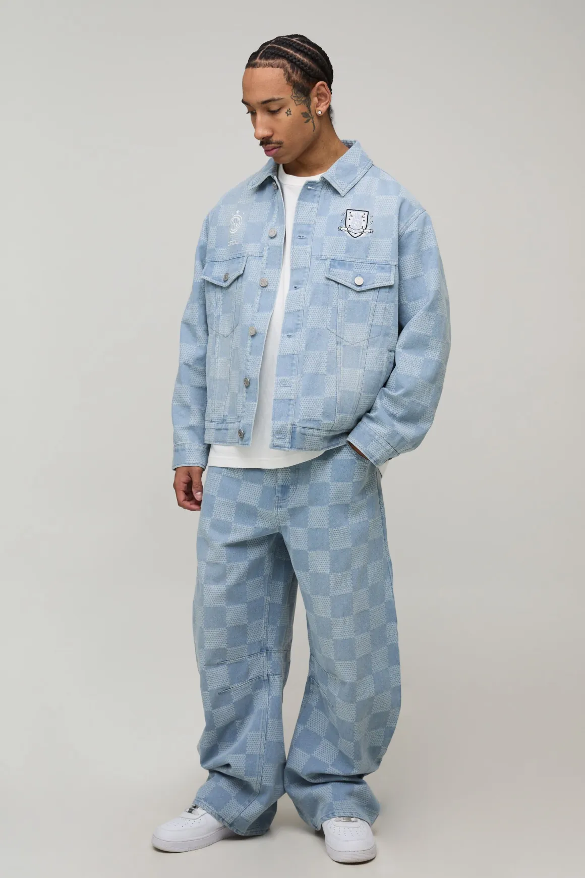 Veste en Jean à Broderie Jacquard Damier Coupe Régulière