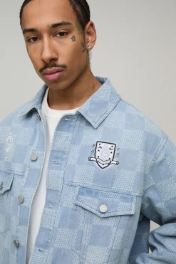 Veste en Jean à Broderie Jacquard Damier Coupe Régulière