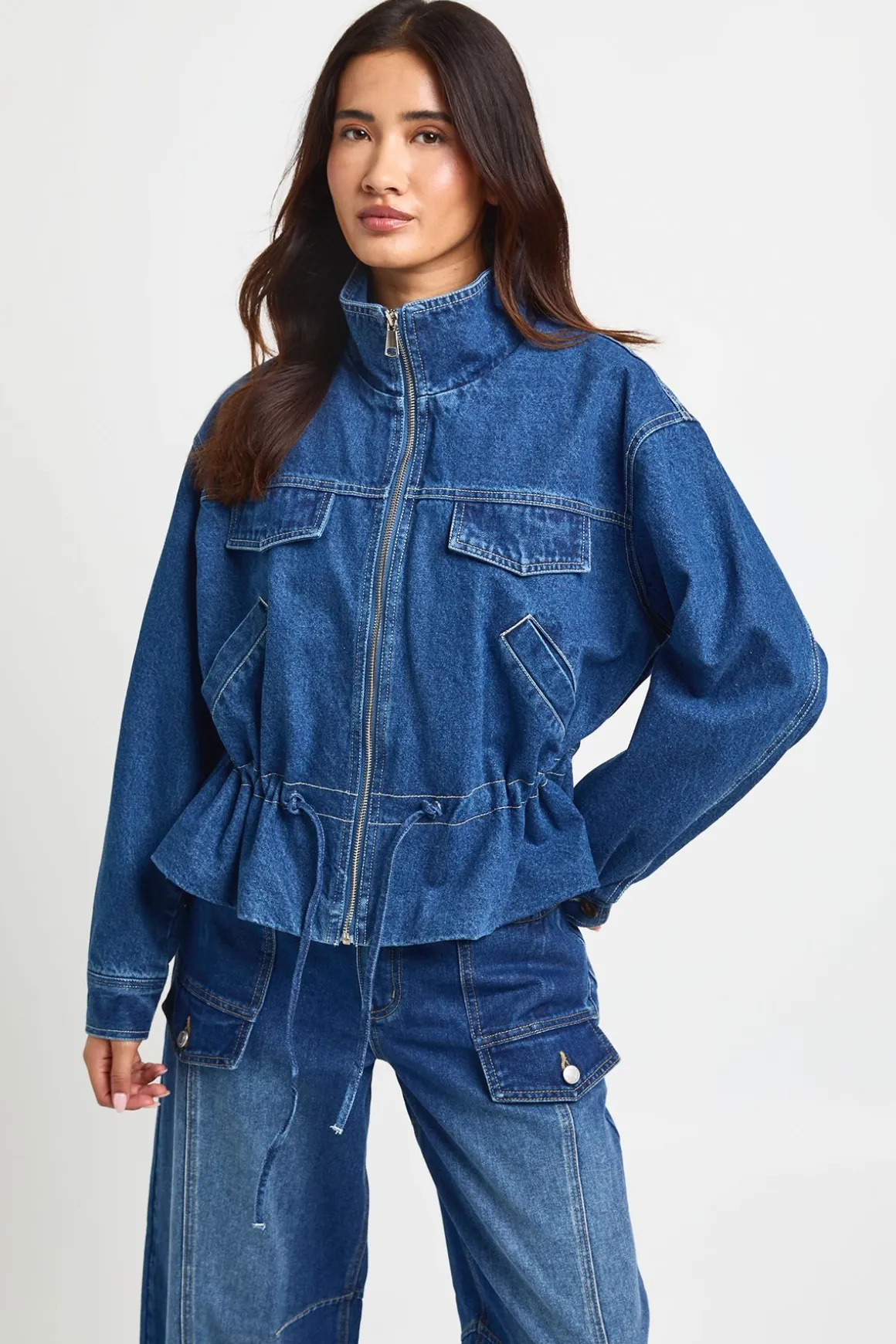 Veste En Jean À Col Montant Avec Détail Taille Cintrée