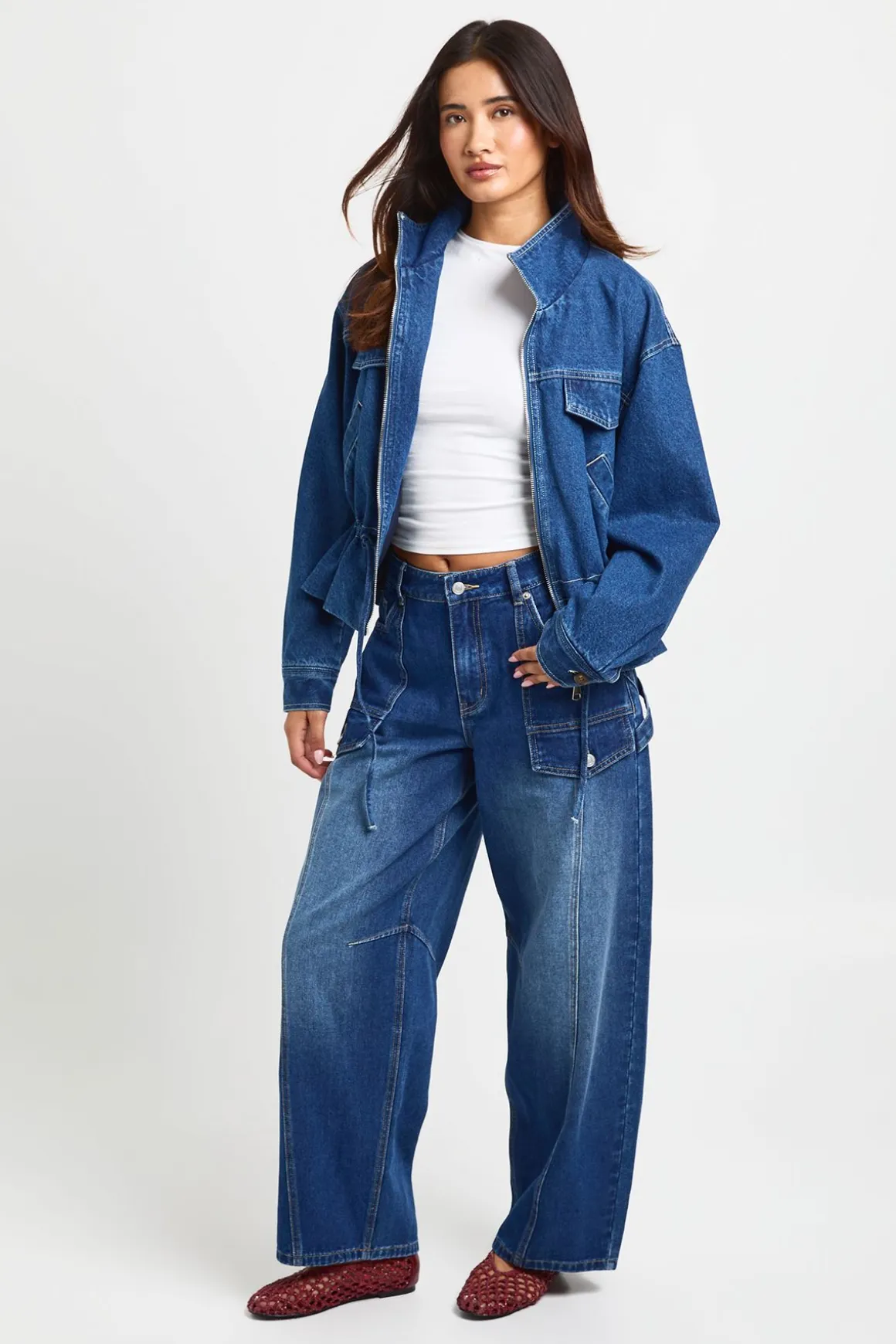 Veste En Jean À Col Montant Avec Détail Taille Cintrée