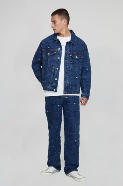 Veste en jean à coupe régulière à carreaux ornée de rivets