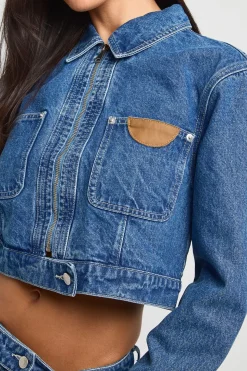 Veste En Jean Courte Avec Zip Frontal Et Détail À Patte Contrastante