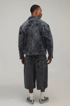 Veste En Jean Délavé À L'acide Oversize Ornée De Perles