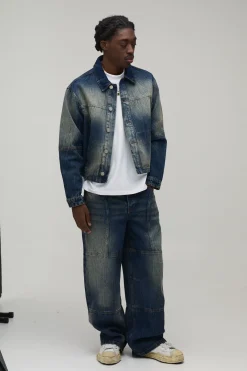 boohooMAN Veste En Jean Délavé À L'eau De Javel Avec Panneaux Coupe Courte Décontractée<Homme Denim|Ensembles Grandes Tailles