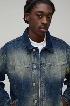 boohooMAN Veste En Jean Délavé À L'eau De Javel Avec Panneaux Coupe Courte Décontractée<Homme Denim|Ensembles Grandes Tailles