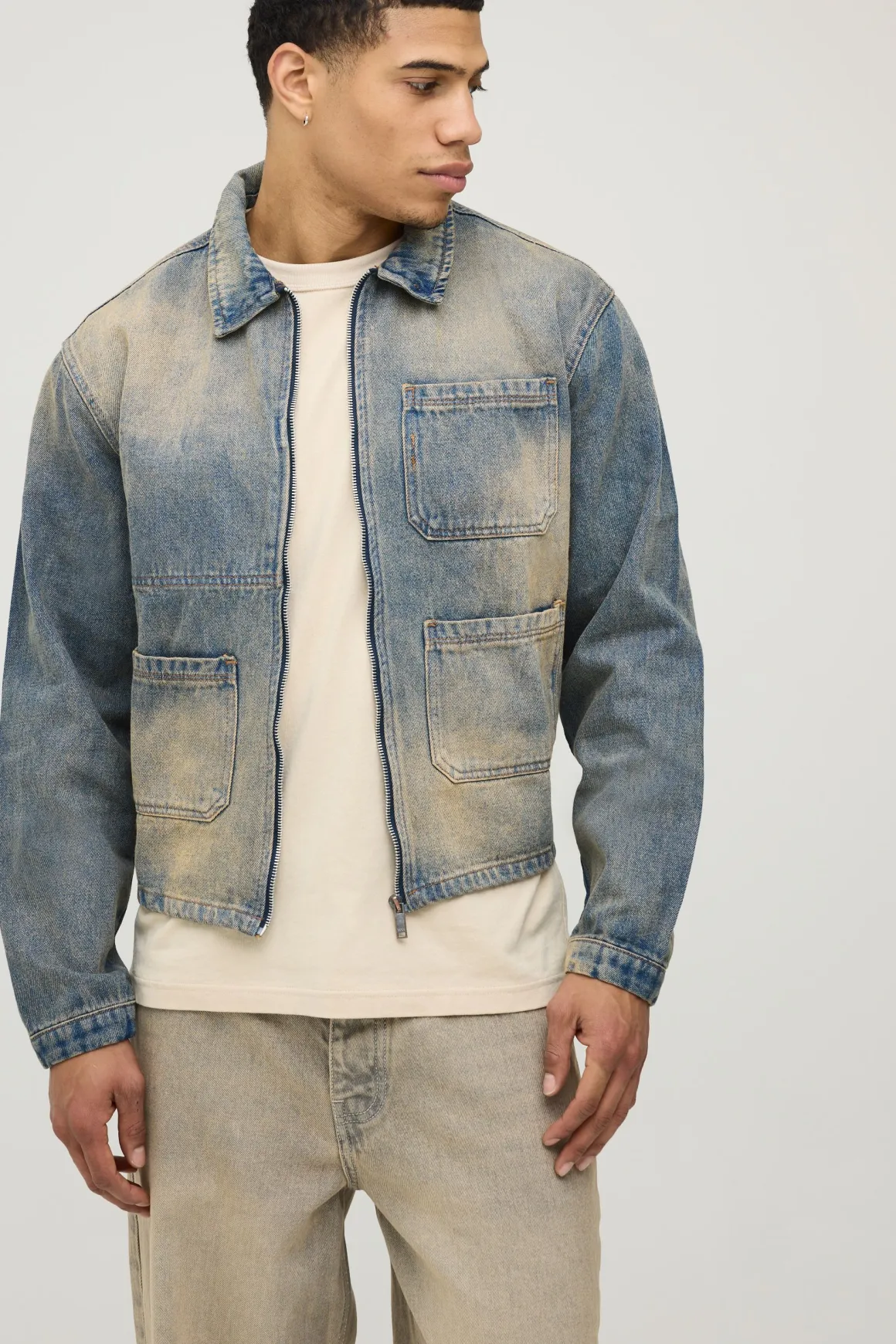 Veste En Jean Harrington Délavée Blanchie Coupe Boxy