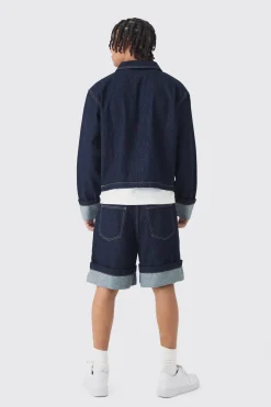 Veste en jean indigo à coupe boxy avec revers
