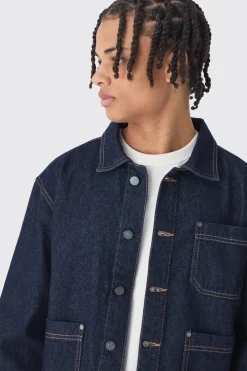 Veste en jean indigo à coupe boxy avec revers