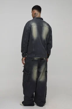 Veste en jean longue, teintée, lavée, à la coupe carrée et surdimensionnée