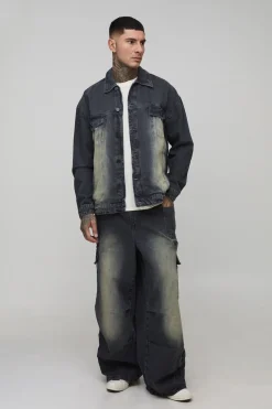 Veste en jean longue, teintée, lavée, à la coupe carrée et surdimensionnée