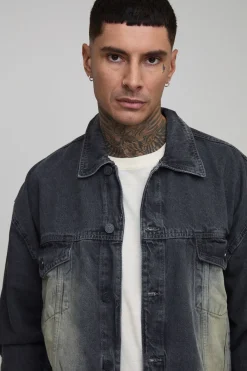 Veste en jean longue, teintée, lavée, à la coupe carrée et surdimensionnée