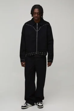 boohooMAN Veste En Jean Oversize Cloutée Style Western<Homme Denim|Denim