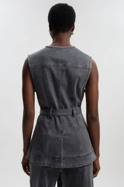 Veste en Jean Sans Manches avec Ceinture