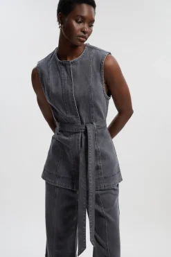 Veste en Jean Sans Manches avec Ceinture