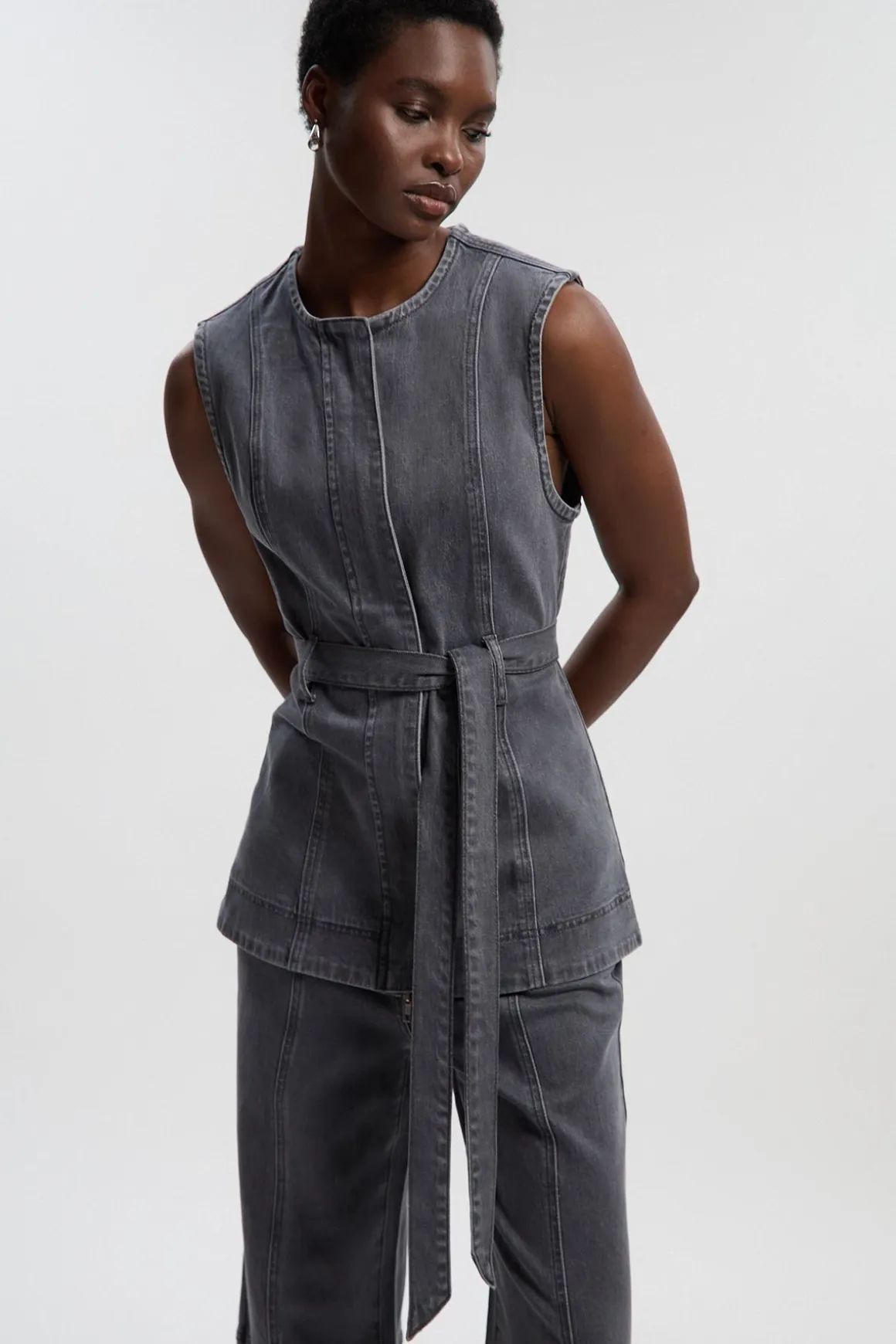 Veste en Jean Sans Manches avec Ceinture
