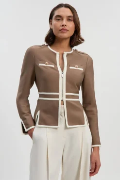 Veste en Maille Bandage Cintrée Style Militaire avec Passepoil Contrastant et Ourlet Fendu