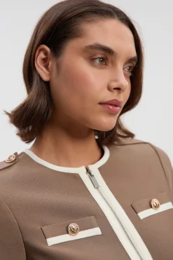 Veste en Maille Bandage Cintrée Style Militaire avec Passepoil Contrastant et Ourlet Fendu